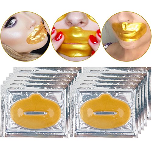 Set Kit of 10pcs 24K Gold Golden Collagen Gel Crystal Masks Lips Patches Mouth Sheets for Anti Aging Treatments, Fine Lines and Wrinkles Removal, Hydration, Nourishing and Skin Firming