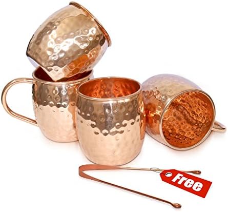 Rudra ® Moscow Mule Solid Copper Mug 18 oz/532 ML - Set of 4, - 100% Pure Copper Hammered Best Quality Lacquered Finish, Moscow Mule Cocktail Cup, Copper Mugs, Cocktail Mugs WITH FREE COPPER TOUNGE CLEANER