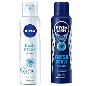 Nivea Fresh Natural and Nivea Men Fresh Active Original Deodorant, 150ml each, Combo of 2