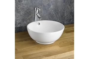 Clickbasin Round Countertop Wash Basin in White Ceramic | 380mm Diameter with Internal Overflow | Ideal for Bathroom or Ensuite | NORD