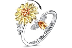 GOBFAR Sonnenblume Fidget Ring Für Frauen, Offene Verstellbar Anxiety Ring Gänseblümchen Blume Mondstein Fancy Spinner Ringe, Graviert 'You Are My Sunshine' Im Inneren Des,Schmuck Geschenke für Damen Mädchen