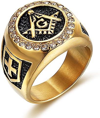 Men's Retro Vintage 18K Gold-plated CZ Zirconia Setting Stainless Steel Masonic Ring Size 7-15 (R 1/2)