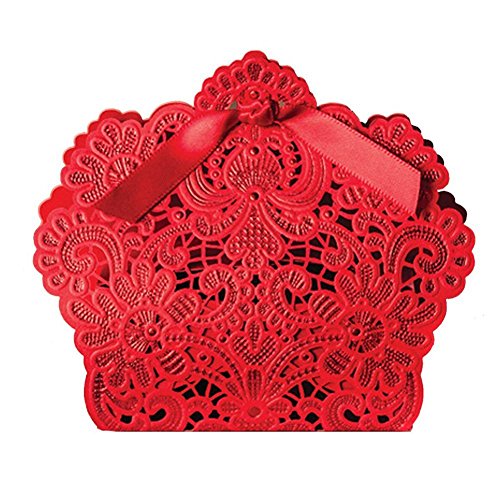 PONATIA 50 pcs laser Schnitt mit Band Hochzeit Party Favor, Hochzeit Geschenk Taschen Schokolade und Geschenk-Boxen (Red)