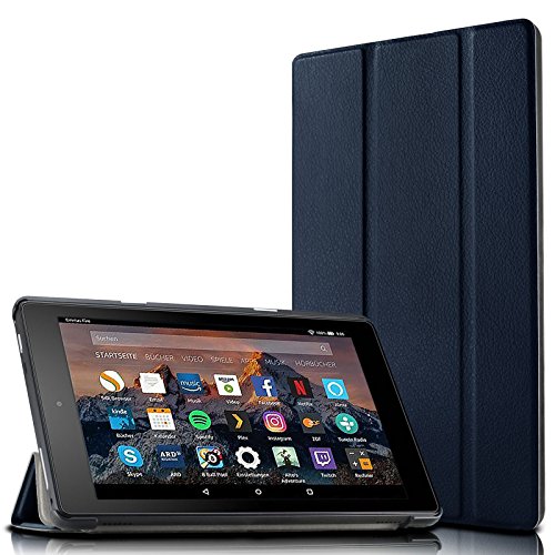 Hülle für Fire HD 8 (8-Zoll-Tablet, 7. Generation - 2017), Infiland Ultra Dünn Tri-Fold Smart-Muschel PU Leder Ultra Schlank Superleicht Ständer Smart Shell Cover Schutzhülle Etui Tasche für Fire HD 8 (8-Zoll-Tablet, 7. Generation - 2017)(mit Auto Schlaf / Wach Funktion)(Dunkleblau)