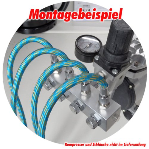 Agora-Tec® Airbrush Komplett-Set PROFI XIII.1, inkl. 4 Bar Kompressor , 21,6l/min und 3 Liter Tank + 2 Airbrushpistolen mit 0,2 & 0,3 & 0,5 & 0,8mm Nadeln/Düsen + regelbaren 4-fach Luftdruckverteiler + 2 Schläuche + Adapter - 8