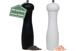 ManGotree Wood Pepper Grinder Salt Mill 8 inch, Pepper Mills Salt Grinders with Adjustable Ceramic Rotor, Manual Wood Seasoning Mills for Kitchen 2 Pack (Black & White)