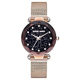 Damen Uhren, L'ananas Frauen Mode Sternenklarer Himmel Dial Diamant schneiden Freie Größe Maschengurte Armband Armbanduhr Women Watches Bracelet (Gold)