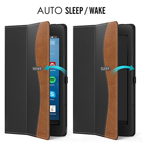 MoKo Hülle für All-New Amazon Fire HD 8 Tablet (7th Generation – 2017 Modell) – Kunstleder Ständer Schutzhülle Smart Cover mit Stift-Schleife für das neue Fire HD 8, Schwarz/Braun - 6