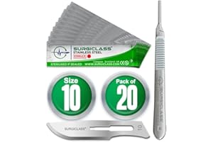 SURGICLASS Skalpellklingen Figur 10 aus Edelstahl 20 Stück steril + Skalpell-Halter - Edelstahl Perfekt für Holzkunst, Chirurgie, Bildhauerei, Laboranatomie, Kartenherstellung, Labortraining SURGIGR10-20