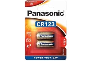 Panasonic CR123 zylindrische Lithium-Batterie für leichte Geräte mit hohem Energiebedarf wie Rauchmelder, Alarmanlage, Stirnplampe, Kameras, 3V, 2er Pack