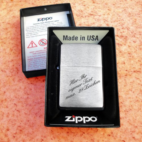 Zippo Brush Chrom ; Originales Standard / Regular Zippo-Benzinfeuerzeug mit Kostenloser Gravur (3 Zeilen : Text max 28 Zeichen) Geburtstag / Vatertag - 3
