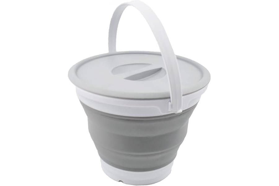 SAMMART 5.5L Collapsible Plastic Bucket with Lid - Foldable Round Tub with Lid - Portable Fishing Water Pail - Space Saving Outdoor Waterpot. (White/Grey, 1)
