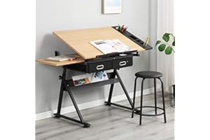 DlandHome Mesa de Dibujo con Taburete Escritorio de Dibujo Profesional para arquitectos y técnicos Bandeja de Inclinación Ajustable en Altura para el Hogar y Oficina