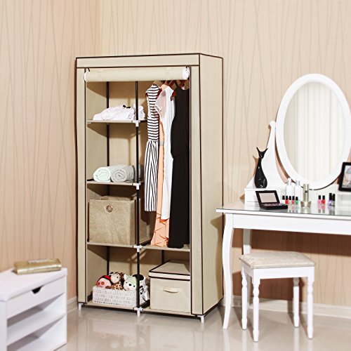 Songmics XL Stoffschrank Faltschrank 7 Montagearten Kleiderschrank mit 2 Kleiderstange 88 x 170 x 45 cm (B x H x T) beige RYG84M - 9