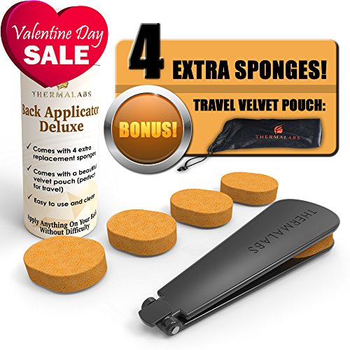 Hinteren Applikator Deluxe: Wenden Sie Lotion an, selbst auf nicht erreichbare Teile des Körpers! Faltbare Anwendungssatz mit langer Reichweite Griff Stick. Kommt mit 5 Schwämme und einer renommierten Samtbeutel