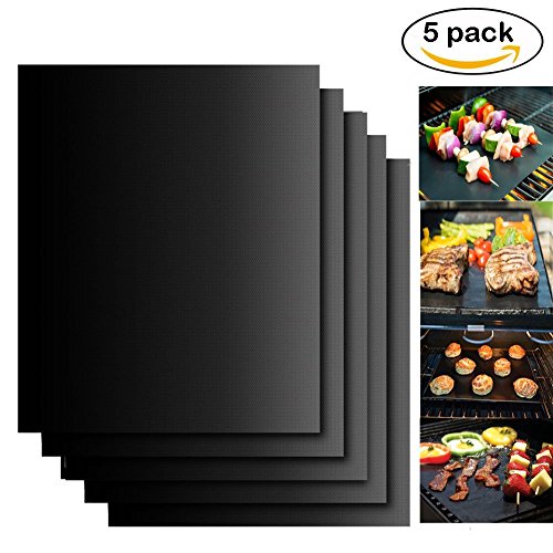 Omiki 5Pcs nichtklebende Oberfläche Hitzebeständige BBQ Grill Mats Durable Barbecue Backmatten Grill-Auflage-Blatt, FDA genehmigt, PFOA-freie, Easy Clean (schwarz)