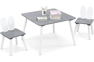 RELAX4LIFE Tavolino Bambini con 2 Sedie con Orecchie da Coniglio, Set Tavolo e Sedie in Legno per Bambini 3-6 Anni, Design Compatto, Tavolino per Giocare, Disegnare e Leggere, Porta 40 KG (GRIGIO)