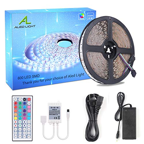 Striscia LED 10M, ALED LIGHT LED Strip 10 Metri 600 LEDs Kit 5050 RGB SMD Nastri Led, Cambiamento Delicato di Colore, 24V Alimentatore Telecomando a 44 Tasti Recettore (Non Impermeabile)