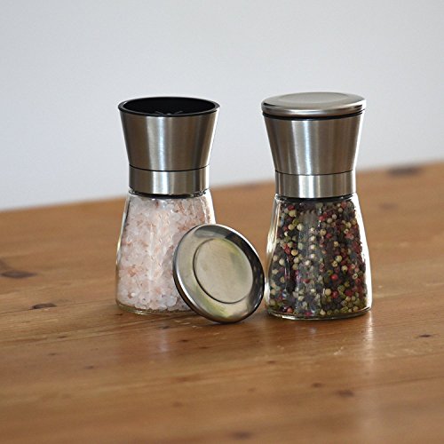 ALBARGO – Salzmühle – Pfeffermühle im 2er Set, manuelle Kräutermühle – Gewürzmühle mit Keramikmahlwerk verstellbar, für Gewürze Salz Pfefferkörner Meersalz Chili, Salz & Pfeffermühle Glas / Edelstahl - 7