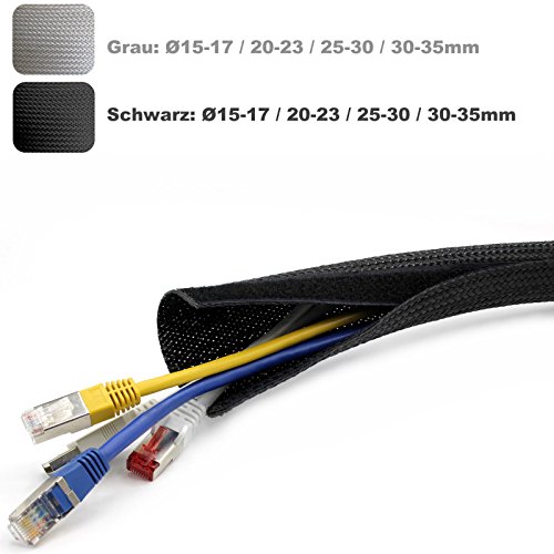 Preisvergleich Produktbild 2m Flex Kabelschutz Kabelschlauch Geflechtschlauch Klettverschluss Gewebeschlauch Klett in schwarz oder grau Ø 15-17, 20-23, 25-30, 30-35mm (schwarz Ø 30-35mm)