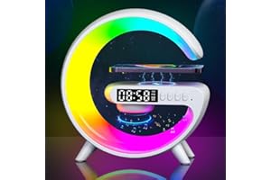 RUNQIN OUTDOOR Night Light Lamp Wireless Charger, Bluetooth Speaker Alarm Clock, G-Shaped Bedroom Bedside Mood Atmosphere Lamp, Dimmable LED Table Lamp Alarm Clock, Birthday Gift for Friend Teenage Girls Boys