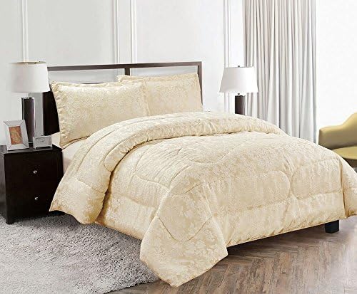 Luxurious Diana CREAM Quality Beddings 3 Piece Heavy Jacquard Quilted Bedspread Comforter Throw Set With Pillow Cases (Single, Diana Cream)