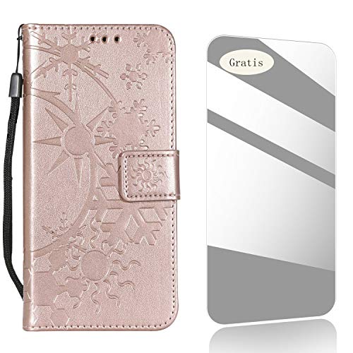 Preisvergleich Produktbild Galaxy J7 2017 Hülle,THRION Sonnenschein Schneeflocke Handyhülle Schutzhülle[Kartenfächer][ kostenlos Schutzfilm aus gehärtetem Glas] für Samsung Galaxy J7 2017 / J730 – Rotgold