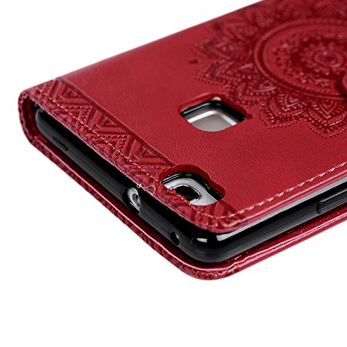 P8 Lite Wallet Case Huawei P8 Lite Flip Hülle YOKIRIN Traumfänger 3D Relief Totem Blume Schutzhülle PU Leder Flipcase Handyhülle Klapptasche Skin mit Kreditkarteninhaber Kippständer Magnetverschluss in Rote - 4