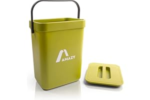 Amazy Cubo de basura de cocina de 5 litros, cubo de basura orgánica de plástico con asa y tapa, incluye almacenamiento para colgar en el armario