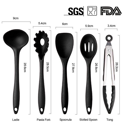Cookey 10 Stück Silikon Geschirr Küche Kochutensilien mit Silikon und Hygiene Beschichtung, hitzebeständige Küchengeräte Perfekt für alle Arten von Kochen Mit GrillZange, Schneebesen, Bürste, Spatel, Schaumlöffel, Löffel Nudeln, Reis Paddel, Kelle, Suppenlöffel Hitzebeständige Koch und Backzubehör (Schwarz) - 3