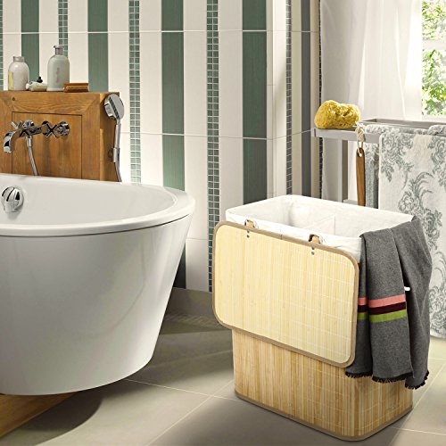 Homitex Groß 100L Bambus Faltbar Wäschekorb mit 2 Fächern H x B x T: ca. 60 x 54 x 33 cm LIGHTS&DARKS Wäschebox Wäschesammler mit fest fixiertem Wäschesack und Deckel (Natur) - 6