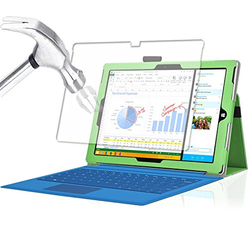 Tasche für Microsoft Surface Pro 3 mit praktischer Stand Funktion aus robustem Kunstleder und zusätzlicher Display-Schutz-Glas Panzerglas kombiniert Schutz und Design für Ihr Microsoft Surface Pro 3 Hülle Cover Case Grün von UC Express®