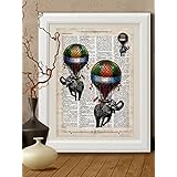 Kunstdrucke Elefant Luftballon, Heißluftballo auf Antike Buchseite, #EB02