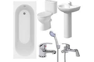 BAYSTONE Cheap Bathroom Suite 1700 Straight Bath Toilet WC Basin Sink Tap Shower Mixer