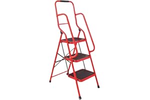 COOPERS OF STORTFORD 3 Step Folding Safety Ladder with Handrail Silver/Red | Anti-Slip Treads & Feet H146 x W9 x D51cm (Red)