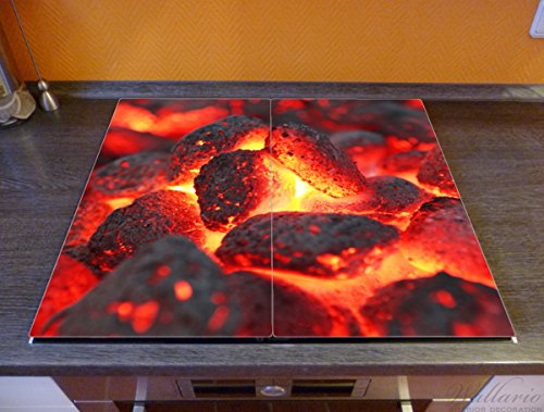 Wallario Herdabdeckplatte / Spritzschutz aus Glas, 2-teilig, 60x52cm, für Ceran- und Induktionsherde, Glühende Kohlen im Kamin - 2
