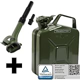 Oxid7® Benzinkanister Kraftstoffkanister Metall 5 Liter Olivgrün mit UN-Zulassung inkl. Ausgießer - TÜV Rheinland Zertifizier