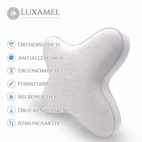 Bauchschläferkissen von Luxamel Seitenkippschläferkissen Orthopädisches &ergonomisches Kopfkissen / Viscoelastischer Schaum / Bauchschläfer sowie Seitenschläfer /allergiker-freundlich / 55x47x8/9cm - 2