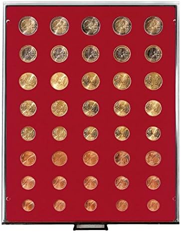 Coin box Smoked Glass for 5 × regular Euro coin sets (with 8 coins each) (Lindner 2955) with drawer in smoked glass optic, crystal clear frame &amp; insert in darkred velour