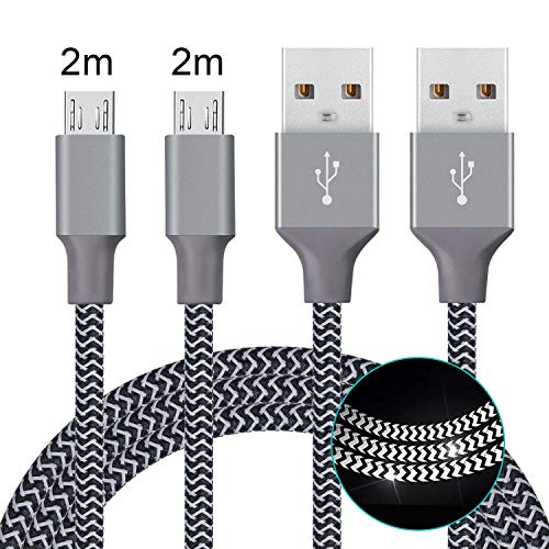 Avoalre Câble Micro USB [2m/Lot de 2] Chargeur Samsung en Nylon Tressé Charge/Synchro Rapide Câble USB Nylon pour Samsung Galaxy, Sony, Huawei, Kindle, Wiko - Noir Sidéral