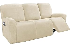 RTSFKFS Velvet Plush Couch Cover for Recliner with Pockets 1/2/3 Seat Stretch Sofa Slipcover Featuring Plush Soft & Comfortable Fabric, SlipResistant, Form Fit Stretch Furniture Protector(Beige,3-seater)