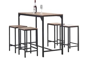 Ansley&HosHo Contemporary 5 PCS Kitchen Dining Room Table and 4 Chair Set Space-saving, Walnut Wood Tabletop with Black Metal Frame, Breakfast Bar Table and Counter Stools Set of 4 for Small Space