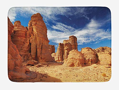 LULABE Desert Bath Mat, Bizarre Sandstone Cliffs in Sahara Desert Tassili N'Ajjer Algeria, Plush Bathroom Decor Mat with Non Slip Backing, 23.6 W X 15.7 W Inches, Navy Blue Mustard Orange