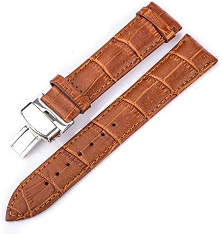Elegant crocodile embossed real leather watch strap/band, stainless steel deployment clasp (18mm, TAN)