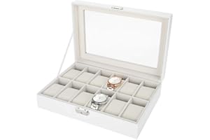 Salmue Caja de Relojes Hombre Mujer con 12 Compartimientos, Tapa de Vidrio, Cierre de Metal, Estuche de Almacenamiento para Reloj