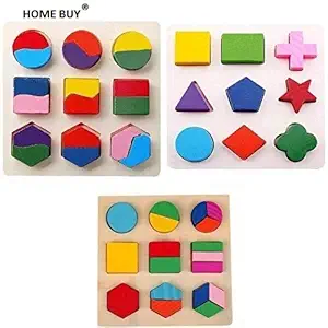 HOME BUY Wooden Geometry Matching Puzzles Stacking Building Blocks Early Educational Toys (Set of 3 Boards) (Geometry Puzzle)