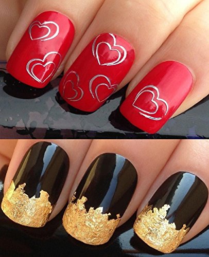 VALENTINES DAY NAIL DECALS WATER TRANSFERS STICKERS ART SET #134. PLUS GOLD LEAF SHEET! METALLIC SILVER DOUBLE LINED EDGED GIRLY LOVE HEARTS WRAPS & 24KT GOLD! CAN BE USED WITH NATURAL GEL ACRYLIC STICK ON NAILS! OR WITH GLITTER DUST CAVIAR BEADS ALLOYS DECORATIONS CONFETTI FIMO SHAPES TAPE PENS RHINESTONES - GET CREATIVE!