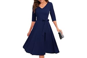 Bbonlinedress Rockabilly Kleider Damen 3/4 arm V-Ausschnitt Midi Langarm Festliche Kleider für Hochzeit Vintage Cocktailkleid