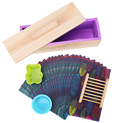 HUKOER Rechteckige Silikon-Seifenform mit Holzbox und Holzdeckel mit 2 Presslöchern, 2 Stück Nette Silikonformen und ein Holzseifenhalter für DIY Hausgemachte (B) - 2