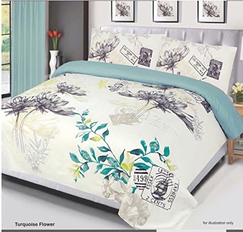Turquoise Flower MicroFiber Duvet Cover Sets, Quilt Bedding Set, With Pillow Case &amp; Fitted Sheet Double &amp; King Sizes Bedding Set (Double)